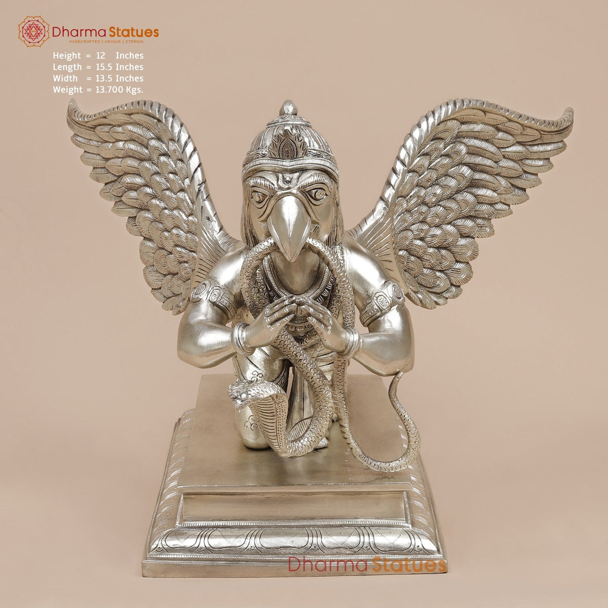 Brass Garuda Flying Holding Snake, Silver Coated 12”