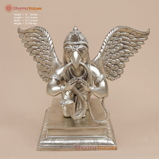 Brass Garuda Flying Holding Snake, Silver Coated 12”