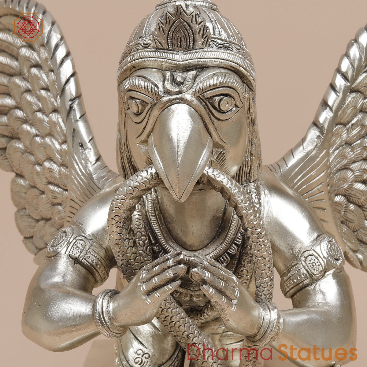 Brass Garuda Flying Holding Snake, Silver Coated 12”