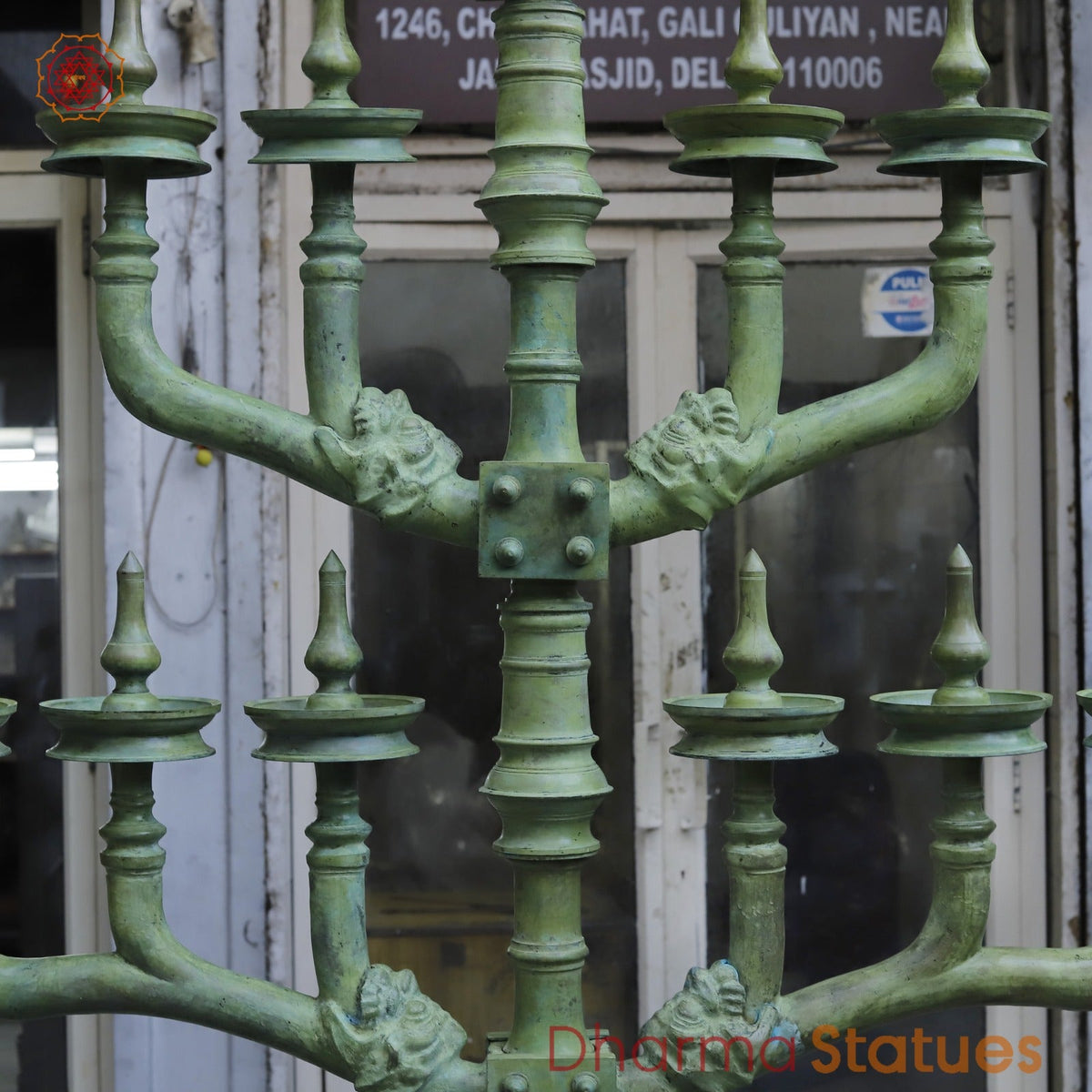 Brass Kerela Lamp Fine With Multiple Branches and Diya, Natural Green Patina 117”