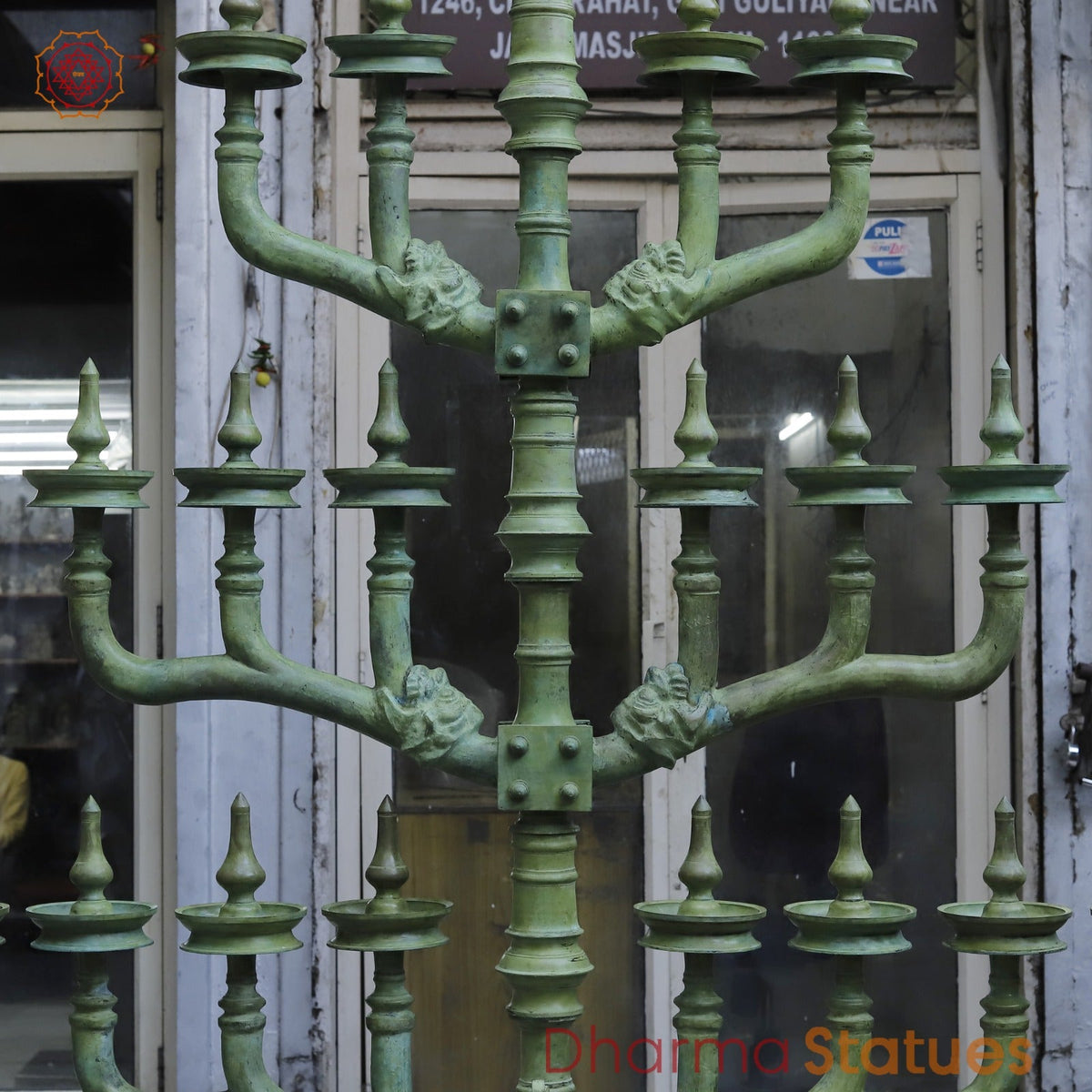 Brass Kerela Lamp Fine With Multiple Branches and Diya, Natural Green Patina 117”