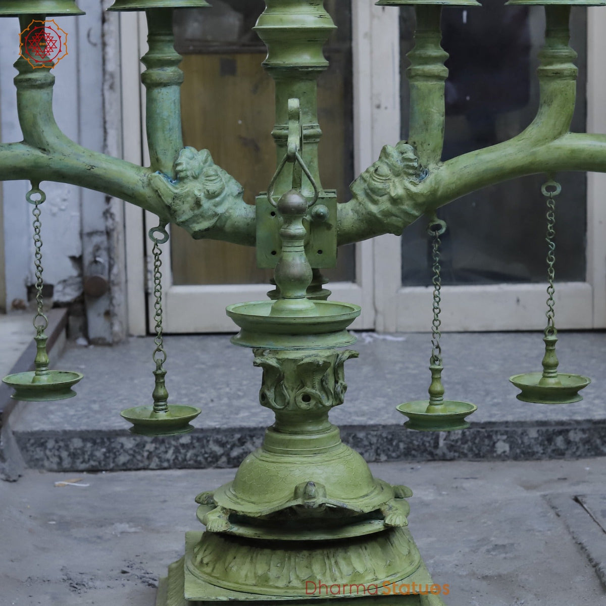 Brass Kerela Lamp Fine With Multiple Branches and Diya, Natural Green Patina 117”