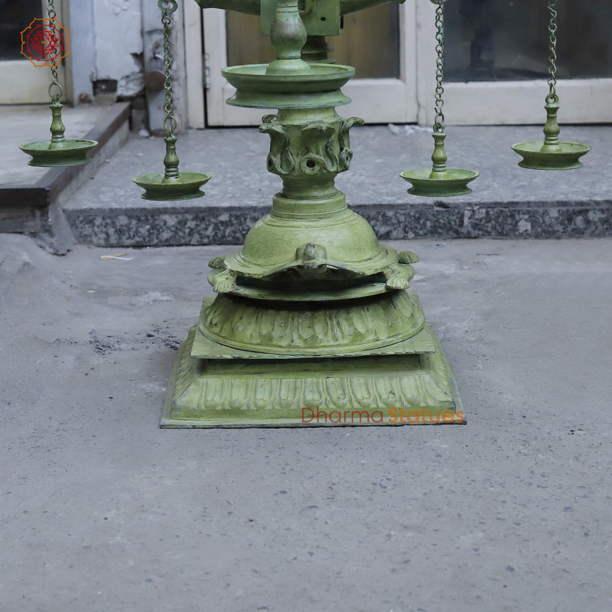 Brass Kerela Lamp Fine With Multiple Branches and Diya, Natural Green Patina 117”