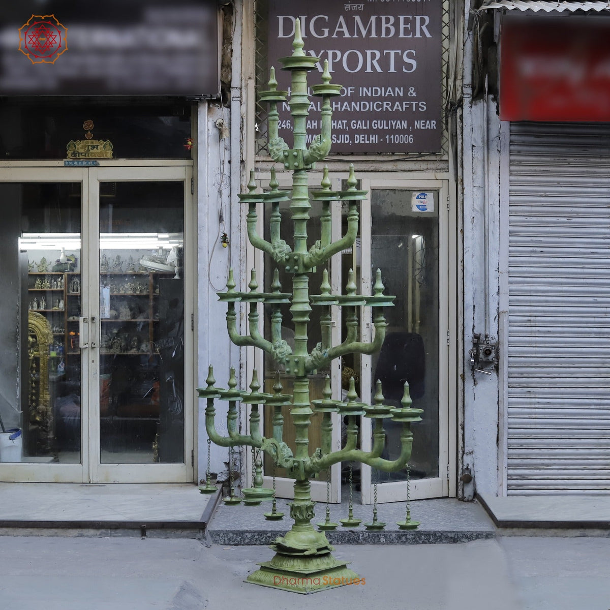 Brass Kerela Lamp Fine With Multiple Branches and Diya, Natural Green Patina 117”