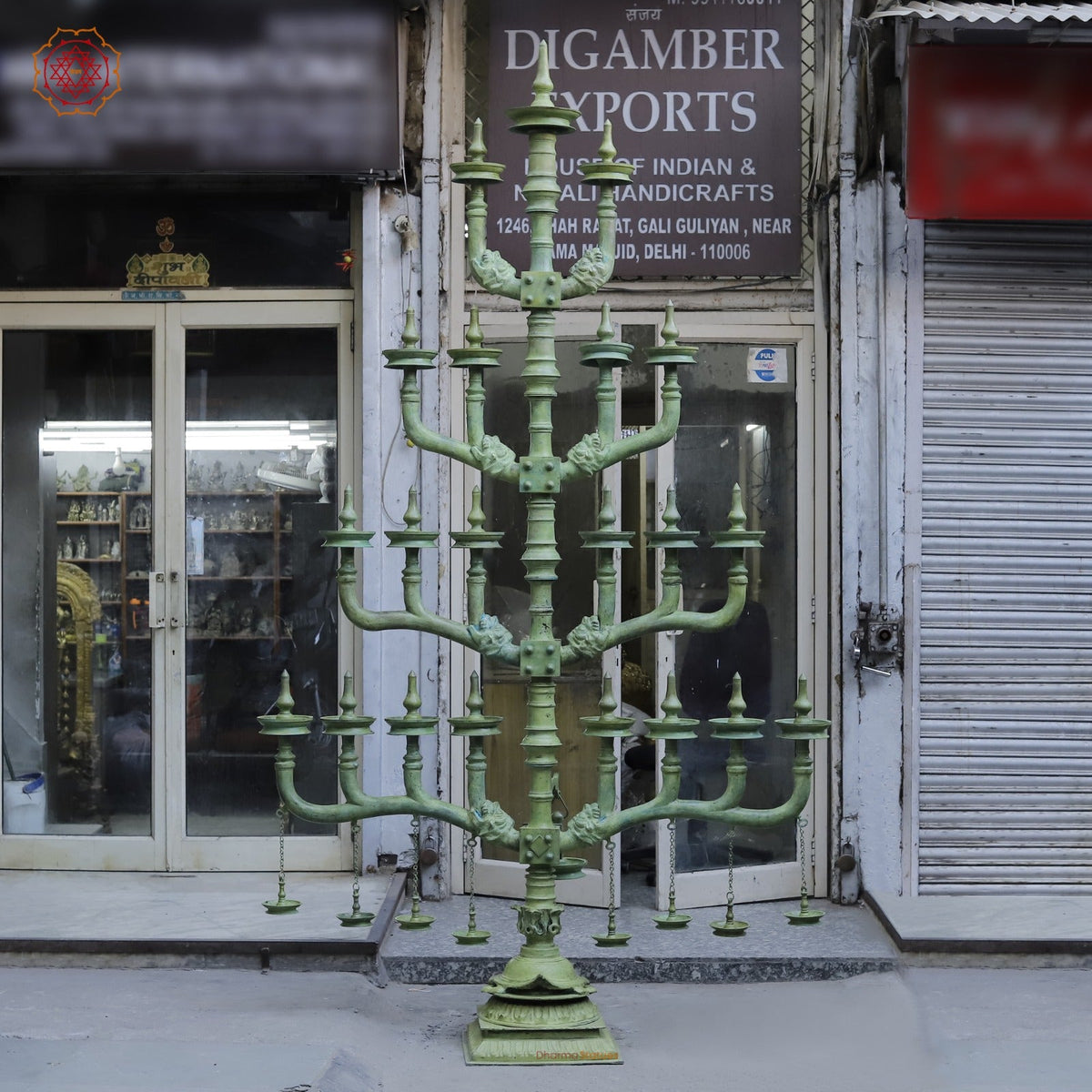 Brass Kerela Lamp Fine With Multiple Branches and Diya, Natural Green Patina 117”